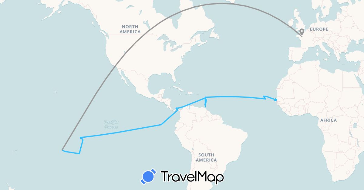TravelMap itinerary: plane, boat in Colombia, Cape Verde, Dominica, Ecuador, France, Grenada, Guadeloupe, Saint Lucia, Martinique, Panama, French Polynesia, Senegal, Trinidad and Tobago, United States, Saint Vincent and the Grenadines (Africa, Europe, North America, Oceania, South America)